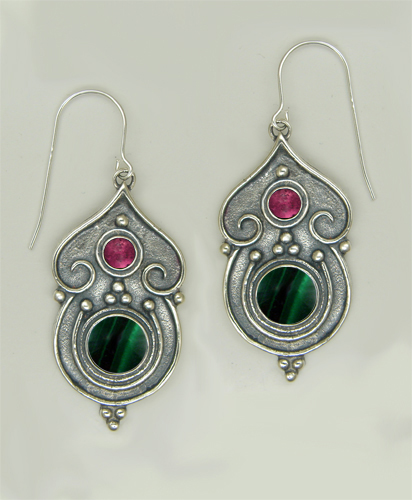 Sterling Silver Gothic Inspired Drop Dangle Earrings With Malachite And Pink Tourmaline